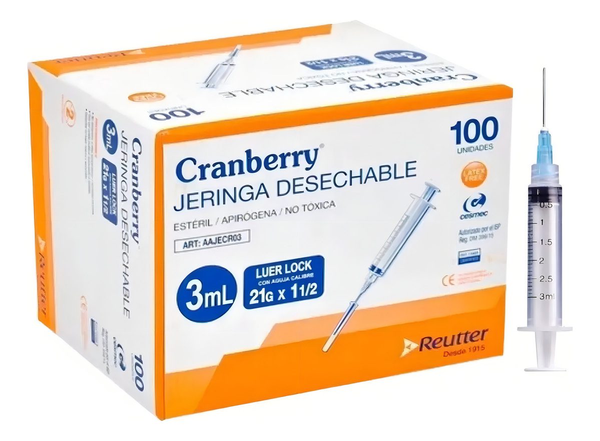 Jeringa Desechable Luer Lock 3cc 21g X 1 1/2 Caja 100 Unid. Capacidad En Volumen 3 Ml