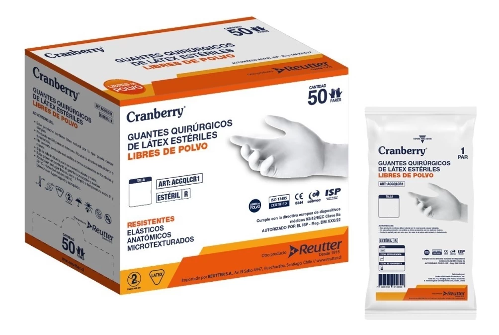 Guante Quirurgico Esteril Cranberry Talla 7.5 Caja 50 Pares Color Blanco