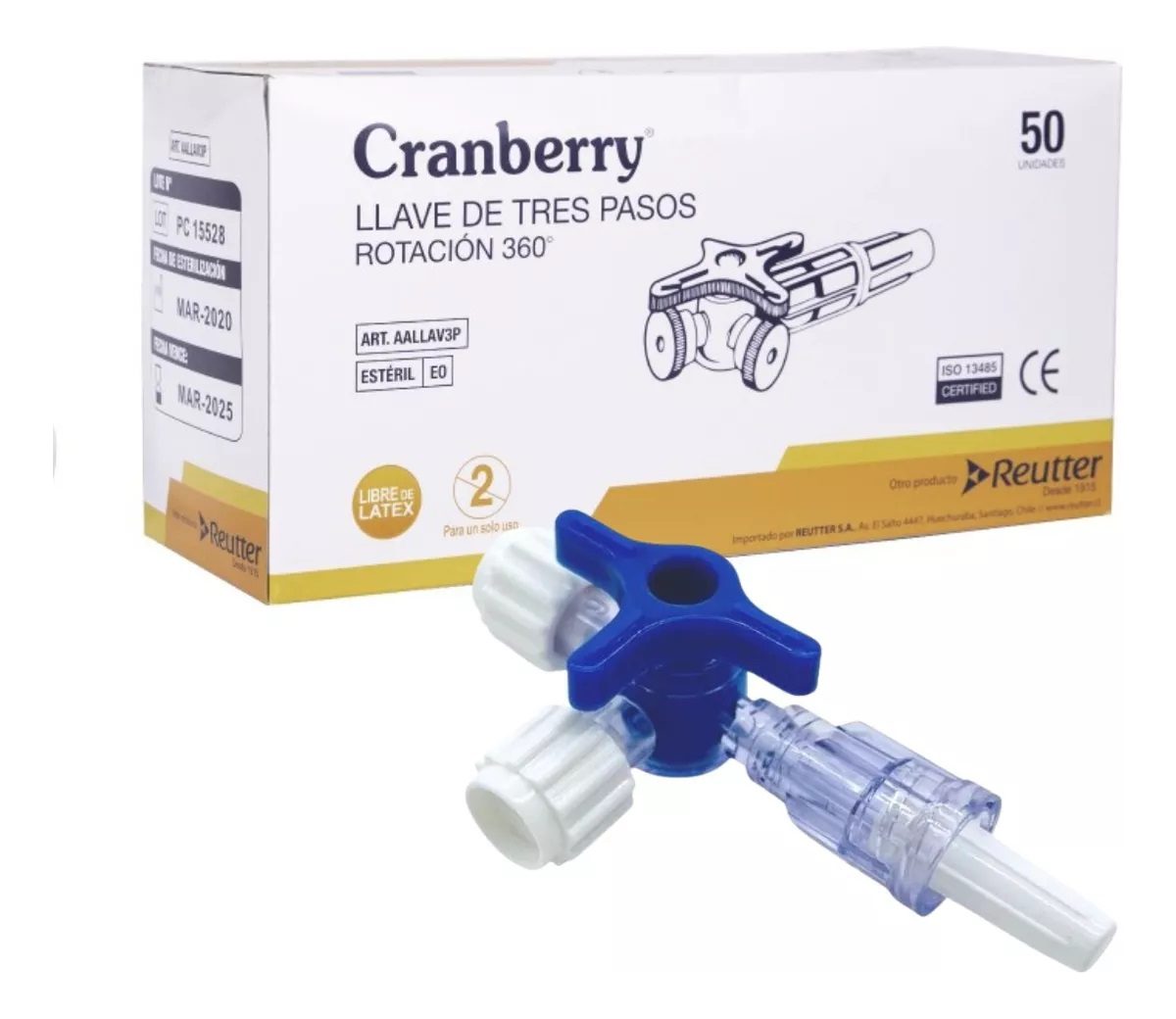 Llave 3 Pasos Rotación 360 Estéril Cranberry Caja X50 Unid.